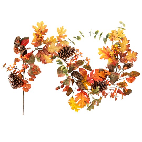 35848845 Acorns Pinecones & Mixed Autumn Foliage Artificial Fall Harvest Garland - 5 ft. x 8 in. - Orange